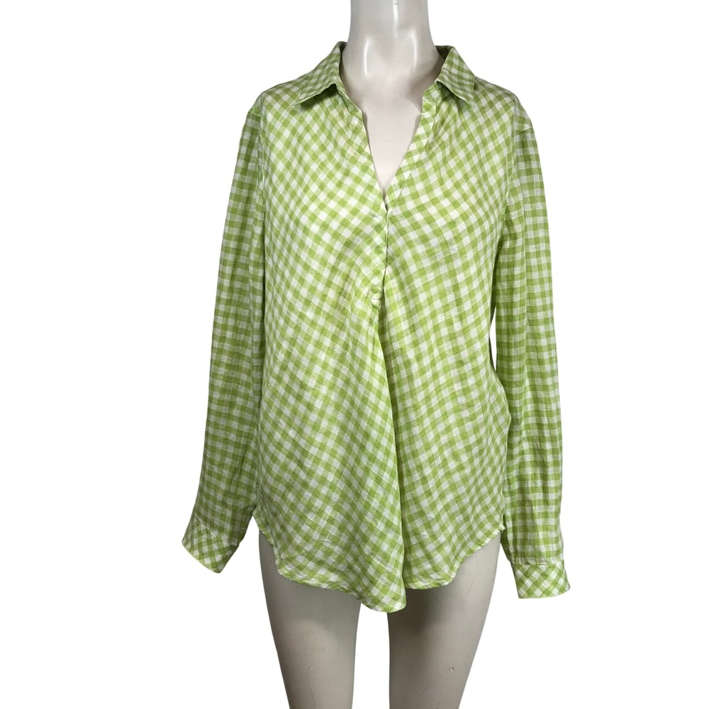 J. Jill Love Linen Green Gingham Check 100% Linen Split Neck Tunic Blouse M